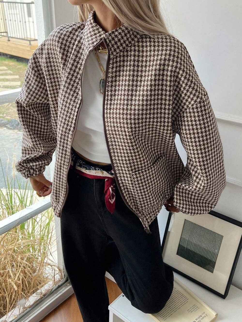 Brown Casual Women's Loose Fit Houndstooth Jacket - Picture 3 of 8